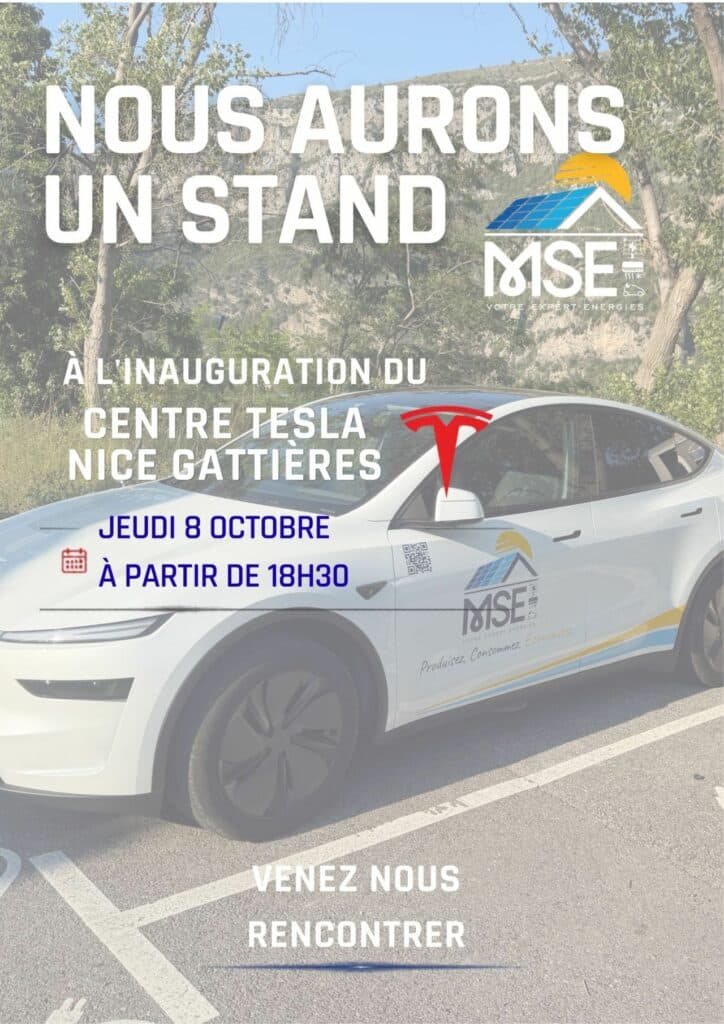 Affiche : M Solaire Énergie tient un stand à l’inauguration du centre Tesla de Nice, jeudi 9 octobre à partir de 18 h
